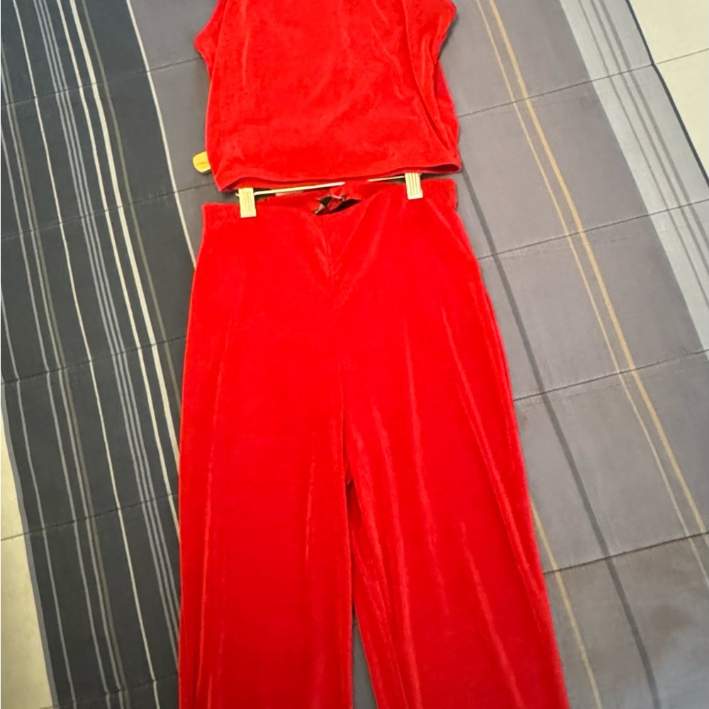 Fashion Nova Red Velvet Wide-Leg Jumpsuit Set